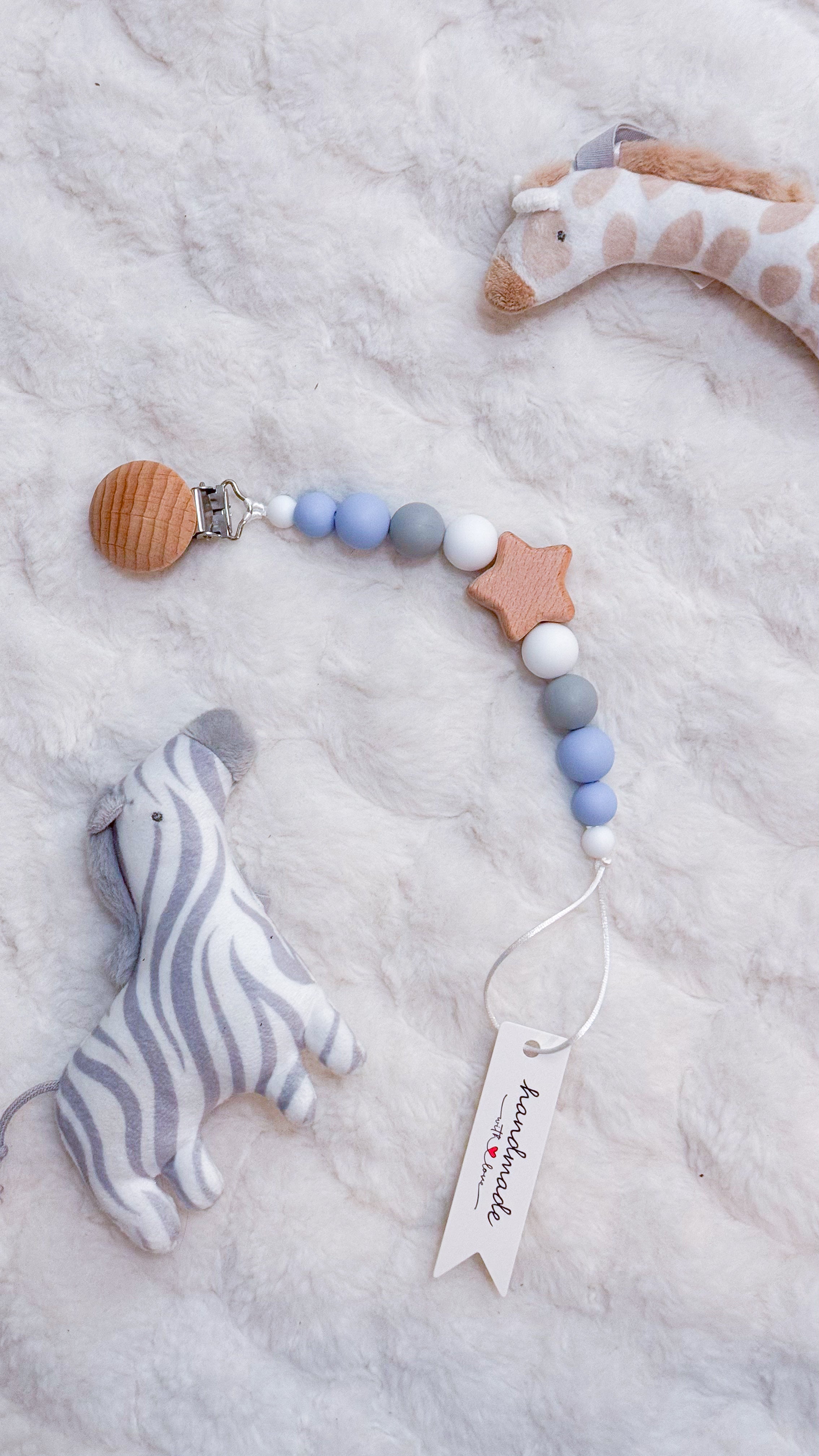 Outseam Pacifier Clip Stars in Grey — handmade pacifier holder